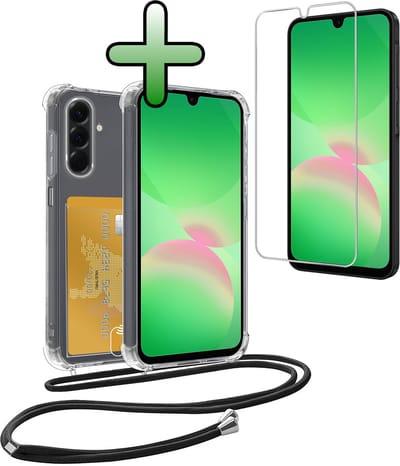 Hoes Geschikt voor Samsung A26 Hoesje Pas Houder Shock Proof Case Hoes Met Koord Met Screenprotector - Hoesje Geschikt voor Samsung Galaxy A26 Hoes Met Telefoonkoord Pasjeshouder Cover - Transparant