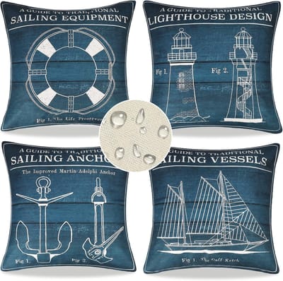 Famanu -Set van 4 stuks kussenslopen voor bank, 50 x 50 cm, waterdicht, buiten, linnen, voor bank, anker, kompas, stuurwiel, zee, decoratieve kussenhoes voor tuin, huisdecoratie (blauwe strepen)