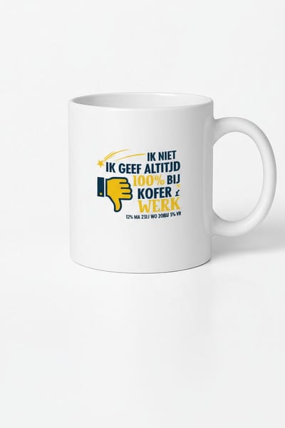 Ik Geef Altijd 100% Bij Werk Koffiemok 330ml – Witte Keramische Mok met Grappige Nederlandse Werk Quote – Humoristisch Cadeau voor Collega’s