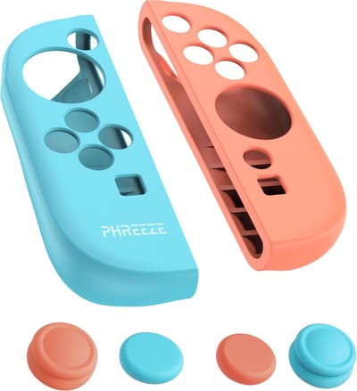 Phreeze grip case en thumb grips geschikt voor Nintendo Switch 2 Joy Con grip hoesje - siliconen - controller case - set rood / blauw