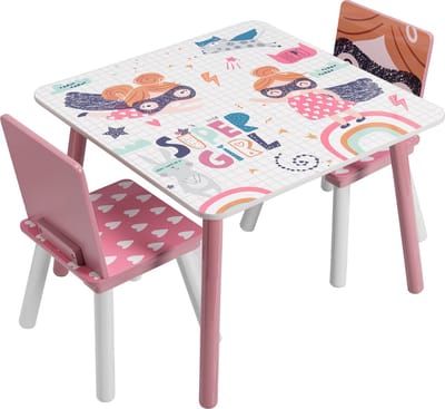 Happyment Kindertafel en 2 Stoeltjes - Kindermeubel - Speeltafel - kinderbureau - Roze