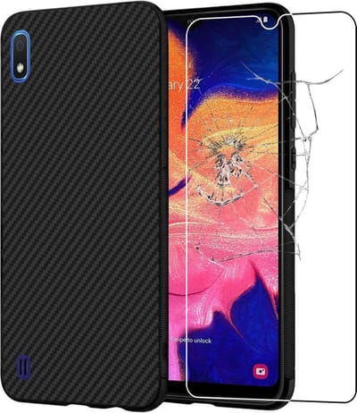 ebestStar - Hoes geschikt voor Samsung A10 Galaxy SM-A105F, Hoogwaardig Zacht TPU Bescherming, Koolstof Design Hoesje, Zwart + Gehard Glas