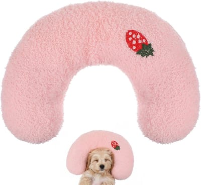 1 Roze U-vormig kussen voor huisdieren - 27×17×6 cm - Zachte pluche stof - Comfortabel kussen - Neksteun - Bevordert diepe slaap - Kittenkussen