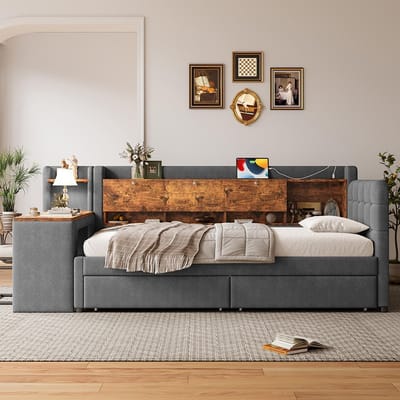 Pugsdrly Dagbed, 90*200 cm, dagbed, slaapbank, met 2 lades, bureau, USB + type C, opklapbaar opbergvak, opbergvak, bed met lattenbodem (zonder matras), linnen, grijs
