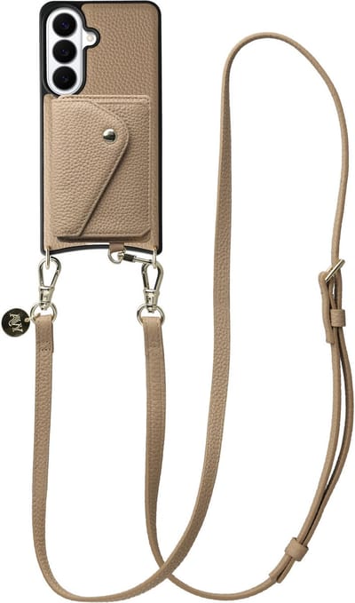 AVY Leren Hoesje geschikt voor Samsung Galaxy S26 Plus | Met Koord en Magnetische Kaarthouder | Compatibel met MagSafe | Leather Case met 130CM Koord & Wallet | Long Leather | Beige