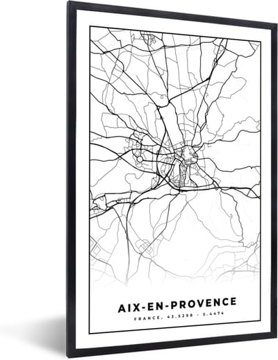 Fotolijst incl. Poster Zwart Wit- Stadskaart - Aix-en-Provence - Frankrijk - Kaart - Plattegrond - Zwart wit - 40x60 cm - Posterlijst