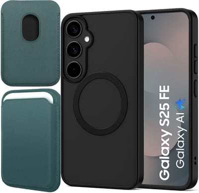 Hoesje + Pasjeshouder geschikt voor Samsung Galaxy S25 FE - Portemonnee geschikt voor MagSafe - Magnetisch - Pasjes Houder - Creditcardhouder - Turqoise