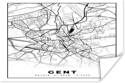 Poster Stadskaart – Plattegrond – België – Zwart Wit – Gent – Kaart - 180x120 cm XXL