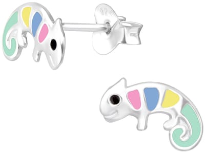 Joy|S - Zilveren kameleon oorbellen - 10 x 5 mm - zilver met multicolor - hagedis - kinderoorbellen