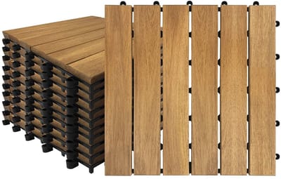 11 Stuks Houten Tegels Balkon, 30x30cm Acaciahout Terrastegels, Weerbestendige Vlondertegels met Drainagefunctie, Eenvoudige Montage Kliktegels, Effen Strepen Balkontegels voor Terras/Tuin, NAIZY