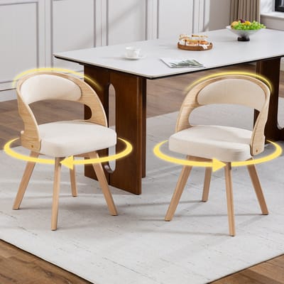 Eetkamerstoel - 2-delige set - 360° draaistoel modern - keuken café woonkamer - katoen-linnen + hout - beige