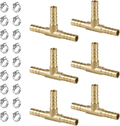 6 stuks 6 mm 3-weg slangverbinders messing T-stuk met 18 klemmen voor brandstof- en luchtleidingen, ideaal voor hobby en klussen