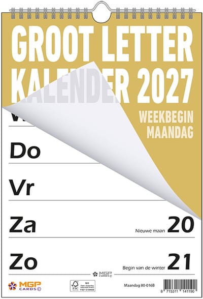MGPcards - Grootletter kalender - 2027 - Week begint op maandag - 21 x 34 cm - Oker