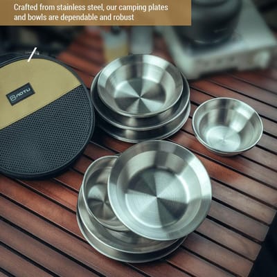 Ensemble de vaisselle de camping 8 pièces Réutilisable Acier Inoxydable Assiettes et Bols pour Camping en Plein Air Randonnée gray