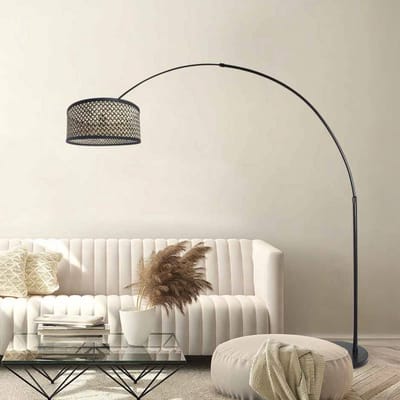 Zwarte Vloerlamp Sparkled Light 3788ZW van Steinhauer - Trendy Bamboe en Metaal, Hoogte verstelbaar, Draaibaar, Uitbreidbaar, 230 cm Uitschuiflengte, Snoer 250 cm met Vloerschakelaar
