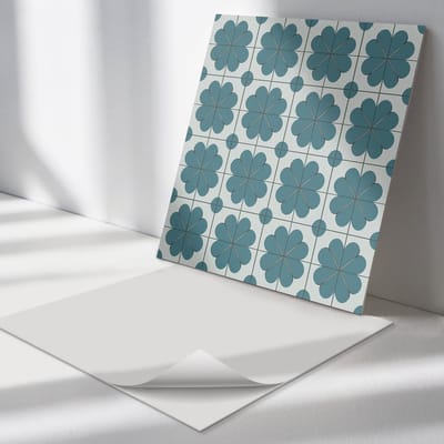 Wallfluent Vinyl Tegels - Bloemenpatronen in Arrangement Zelfklevende Vinyl Tegels - 30 cm x 30 cm - Turkoois Vinyl Tegels - Set van 9 - Vierkant PVC Tegels - Patroon Plaktegels - Vinyl Wandtegels - Plaktegels Keuken en Badkamer