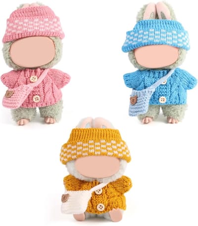 3 Sets 17cm Doll Clothes, Including Knitted Beanies Knitted Sweaters with Buttons and Shoulder Bag Winter Set Plush Toy Clothes No Doll Included(Pink, Blue, Yellow)