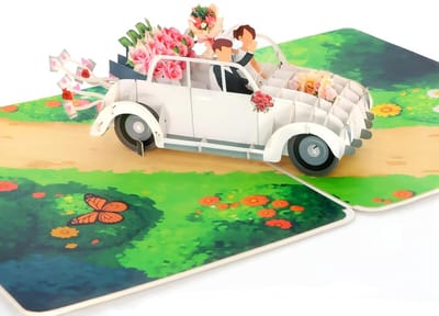 Unieke pop-up kaart voor bruiloften met een trouwauto, perfect als cadeau of decoratie