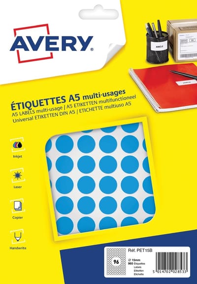 Avery Etiketten Rond 15 Mm Papier Blauw 960 Stuks