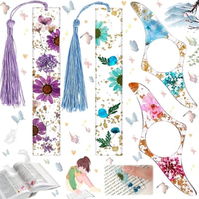 Set van 6 Transparante Handgemaakte Boekmerken met Gedroogde Bloemen, Unieke en Decoratieve Boekmarkers voor Boekenliefhebbers