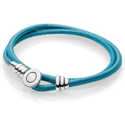 LoveRight Dubbele Lus Echt Leer Pan-Stijl Armbanden 925 Zilveren Gesp Geschikt voor Originele Kralen Bedels Sieraden Maken 35cm blue