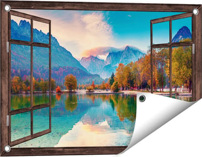Gards Tuinposter Doorkijk Meer - 60x40 cm - Tuindoek - Tuindecoratie - Wanddecoratie buiten - Tuinschilderij