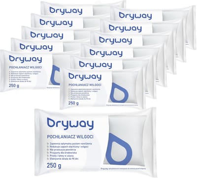 Dryway, set 12 Vochtvanger navulling 250g, luchtontvochtiger, geurloos, tegen vocht, 3 maanden werking