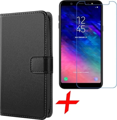 Hoesje geschikt voor Samsung Galaxy A6 (2018) - Kunstlederen Book Case Siliconen TPU Zwart + Screenprotector Gehard Glas - van iCall