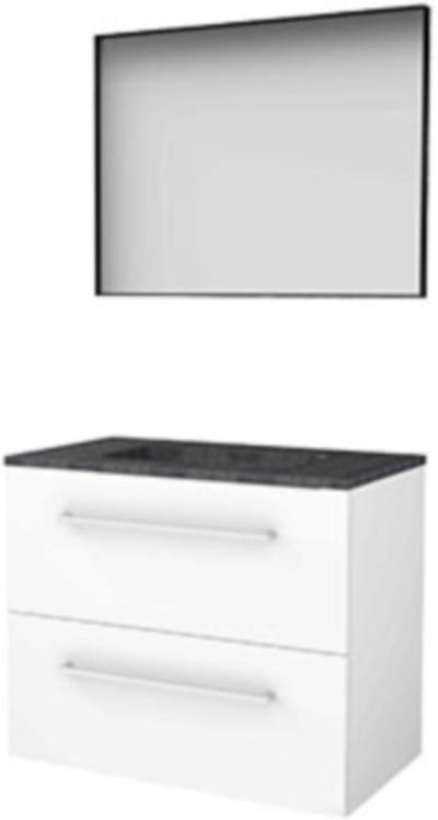 Basic-Line Framed 46 Badkamermeubelset - 80 x 46 cm - Met Grepen - 2 Lades - Hardstenen Wastafel - Zonder Kraangat - Spiegel met Zwart Aluminium Frame - Ice White