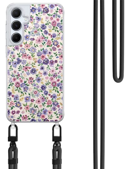 Hoesje met koord geschikt voor Samsung Galaxy A35 5G - Paarse bloemen - Inclusief Zwart koord - Crossbody beschermhoes - Transparant, Paars - Mooie Telefoonhoesjes