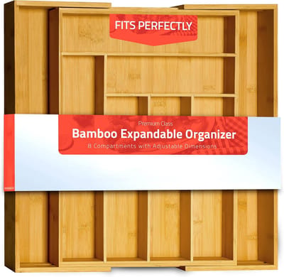 Famanu – Uitbreidbare keukenlade organizer van bamboe - natuurlijke houten bestek- en gebruiksvoorwerpenhouder - verstelbaar ontwerp voor keuken - woonkamer of make-uplade - eenvoudig schoon te maken