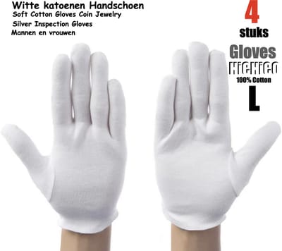 Katoenen handschoenen wit L 4stuks – 2paar Beschermende Handschoenen - Gezondheidszorg - Ziekenhuis - Beauty Center, Kapper en Salon Spa Tattoo – Jewelry - eczeem / allergie / handcreme - juweliers / munt handschoen