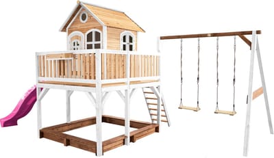 AXI Liam Speelhuis in Bruin/Wit - Met Verdieping, Zandbak, Dubbele Schommel en Paarse Glijbaan - Speelhuisje voor de tuin / buiten - FSC hout - Speeltoestel voor kinderen