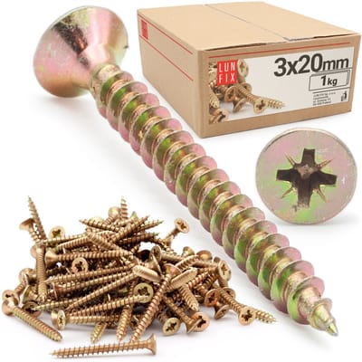 LUN FIX - Universeelschroef 3x20 mm - 1kg (1660 Stuks) - Kruiskop PZ1 - Verzonken kop - Houtschroeven