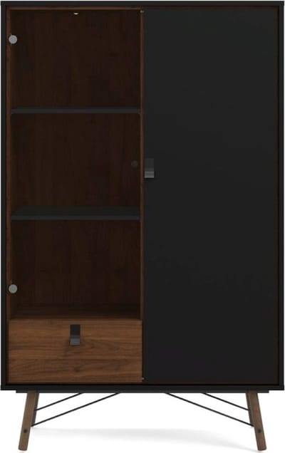 Rye vitrinekast 1 glazen deur, 1 deur, 1 lade mat zwart, walnoot decor.