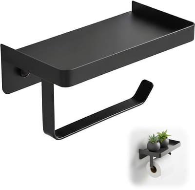 Toiletpapierhouder Zonder Boren, Zelfklevend, Zwart, Carbonstaal, 17x10x5 cm, Met Opbergvak voor Badkamer, Camper, Compatibel met Mega Rollen