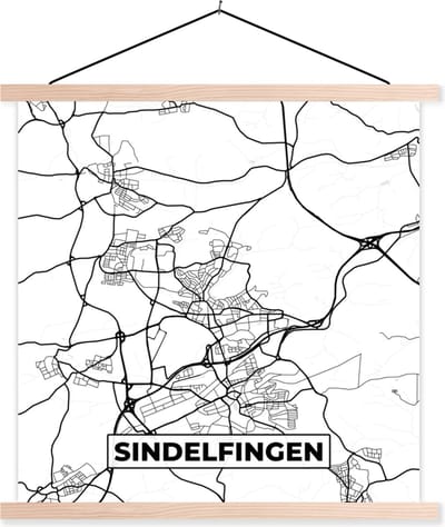 Posterhanger incl. Poster 40x40 cm - Schoolplaat - Sindelfingen - Plattegrond - Kaart - Stadskaart - Textielposter - Blanke latten - Stadskaart