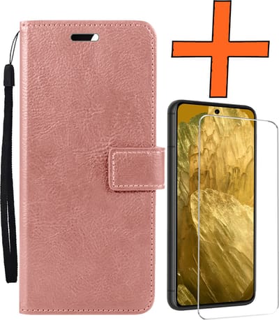 Hoes - Met Screenprotector - Geschikt voor Google Pixel 8a - Luxe Pasjeshouder - Bookcase Portemonee - Flip Case - Kunstleer Book Case - Flipcase - Book Cover - Walletcase - PortemonneeHoes - Rosé goud