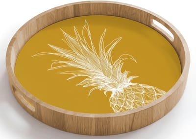 Dienblad rond 40x40 cm - Schootdienblad hout - Lijnillustratie - Ananas - Bladkroon - Okergeel - Borrelplank rechthoek - Plateau houten dienbladen