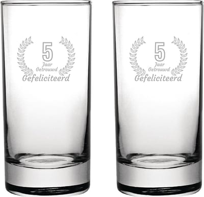 Gegraveerde set Longdrinkglazen 28,5cl Gefeliciteerd 5 jaar getrouwd