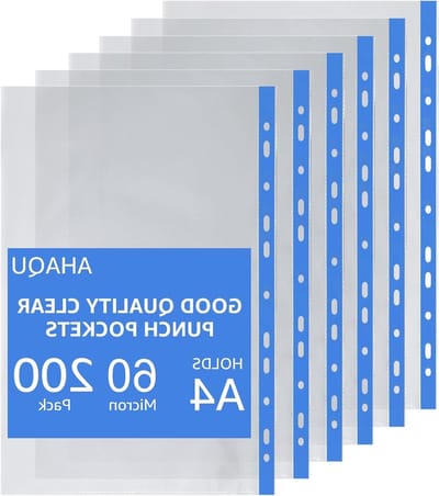 Perforated A4 Pockets 200 Stuks, Sterke 30 Micron Poly Bags, Duidelijke Plastic Mappen voor Archief- en Ringbanden - Blauw