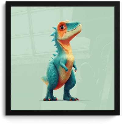 Poster in lijst - Fotolijst 40x40 cm - Posters - Cartoon - Dino - Oranje - Stekels - Posterlijst zwart - Decoratie - Wanddecoratie woonkamer - Muurdecoratie slaapkamer