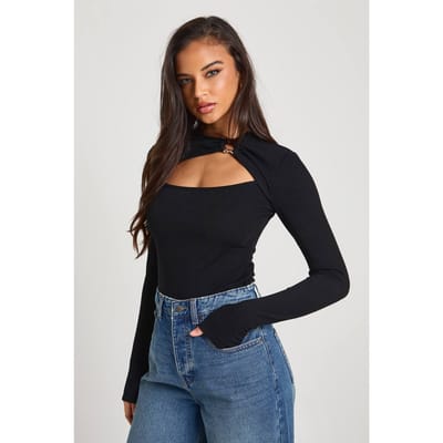 boohoo Dames Lange mouw met geribbelde stof, gouden randafwerking en uitgesneden detail | Zwart | Maat: 34