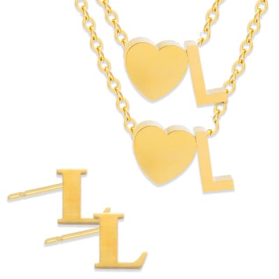 Initiaal Ketting & Armband & Oorbellen set met Letter L Goudkleurig - Stainless Steel - Met letter & Hartje! - 3x Sieraden Cadeau - Pax Amare