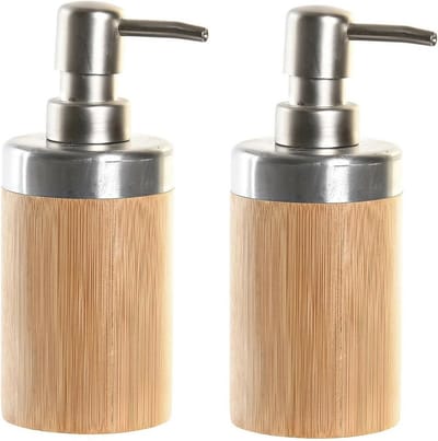 Items Zeeppompje/dispenser - 2x stuks - bruin/zilver - bamboe hout - 7 x 17 cm - keuken/badkamer/toilet - lotionpomp