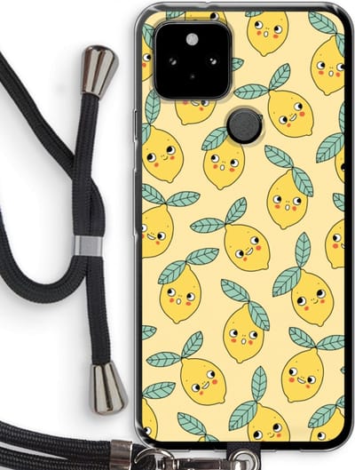 Case Company® - Hoesje met koord geschikt voor Google Pixel 5 hoesje met Koord - Citroenen - Telefoonhoesje met Zwart Koord - Bescherming aan alle Kanten en Over de Schermrand