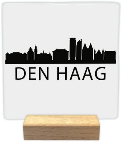 Den Haag skyline - Keramische decoratie tegel - incl. houten presenteerblok