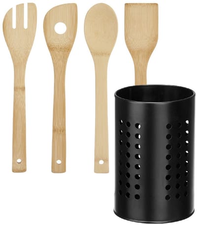 Kinvara Keukengerei - bamboe houten roerlepels - spatels set 4 delig - RVS houder van 18 cm - Keuken pollepels / spatels