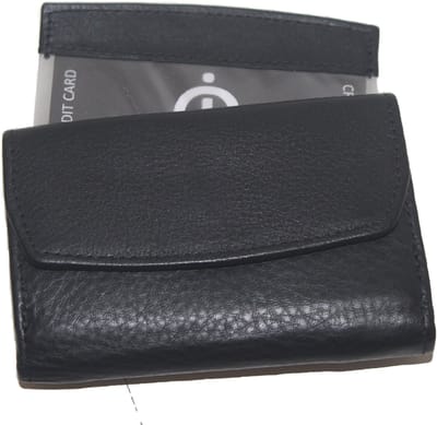 Oi zwart leren klein dubbelzijdig beursje / portemonneetje met aan 2 kanten een klep / compact Trifold portemonneetje met uitneembaar pasjeshoesje / RFID safe / zwart leer / 337