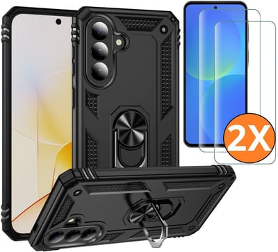 Hoesje Geschikt voor Samsung Galaxy A37 5G Hoesje Zwart Anti-Shock Hybrid Armor hoesje Met Draaibare Ring Houder - Samsung A37 Screenprotector 2 pack